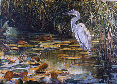 acrylic painting lesson, heron on pond