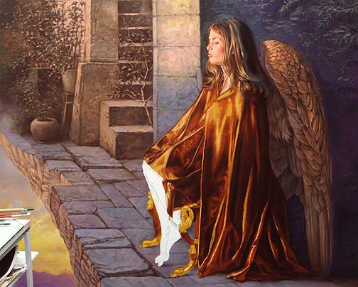 winged angel seated, painting