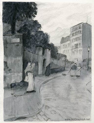 rue montmartre sketch, childe hassam