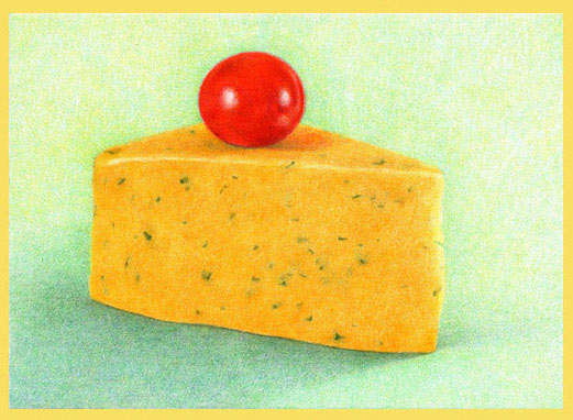 cotswold cheese with cherry tomato color pencil demo, Cotswald Cheese
