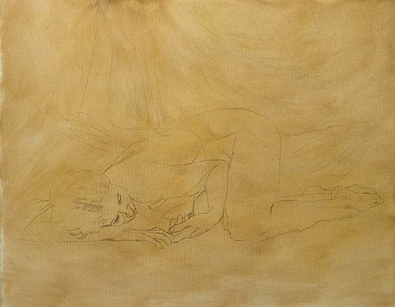 female nude painting, underdrawing for oil painting