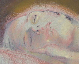 painting of female face, pastel