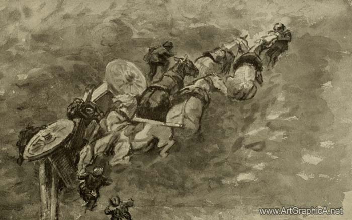 horse art, gun team, horses from above