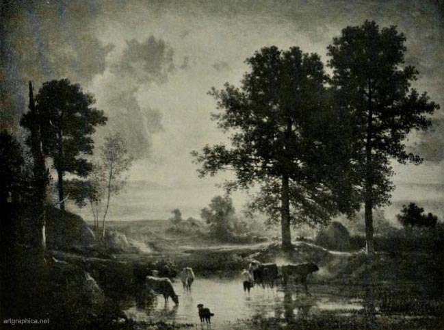 watering cattle, troyon, trees and art