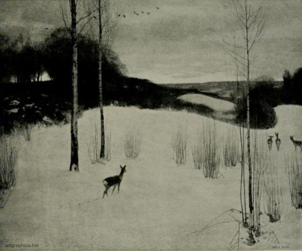 dawn in the winter, adrian stokes, landscape painting