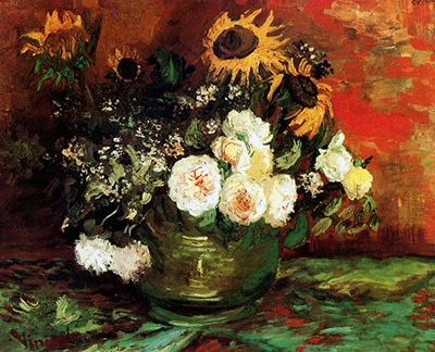 Bowl with Sunflowers, Roses and Other Flowers