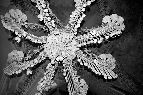 Human Bone Chandelier, sedlec ossuary, bone church, chapel photograph