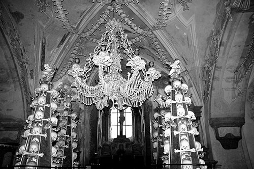 Chandelier and Crucifix, sedlec ossuary, bone church, chapel photograph