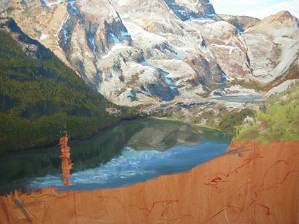water reflections mountain lake, oil painting tutorial