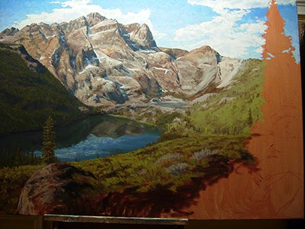 pintura arbustos, pedras, montanhas