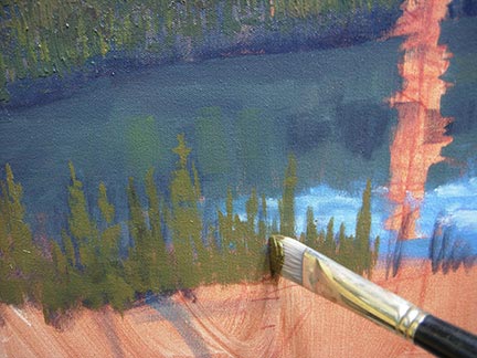 painting trees, mountain lake, oil painting lesson