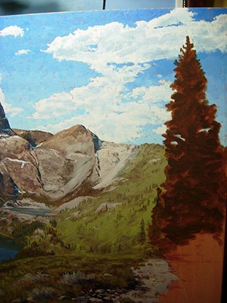 árvores da montanha, aula de pintura a óleo