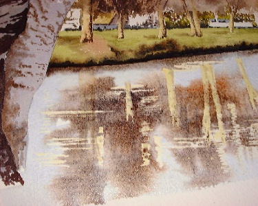 river reflections, trees watercolor