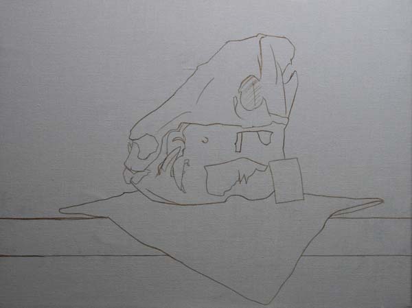 painting the skull, transferring drawing to linen, drawing on linen canvas