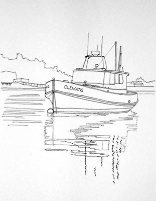 watercolor line drawing, painting a boat