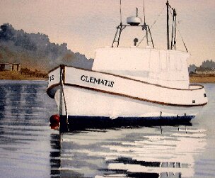 masking fluid in watercolors, ripples, boat