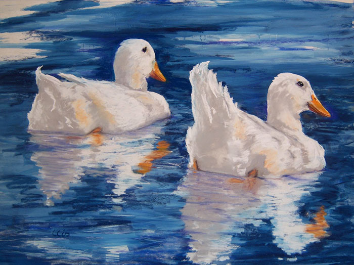 ducks and reflections, pastel painting