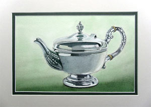 painting metal, silver teapot by john fisher