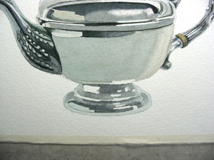 painting metal, silver teapot, watercolour lesson