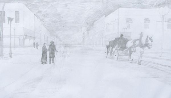 drawing, oil painting street scene