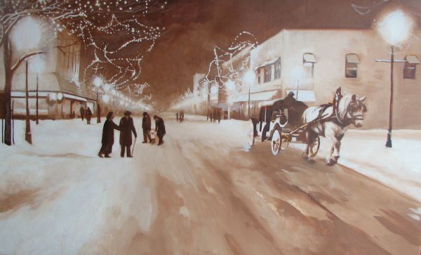 oil painting lesson, horse and carriage, winter street scene