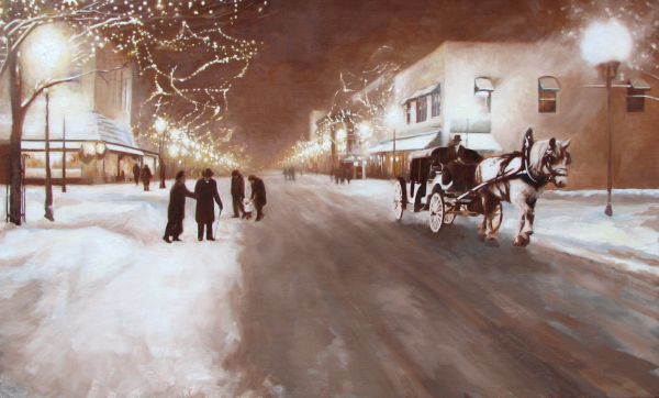 winter street scene, vintage, horse and carriage