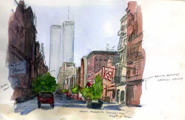 new york lower broadway, twin towers painting